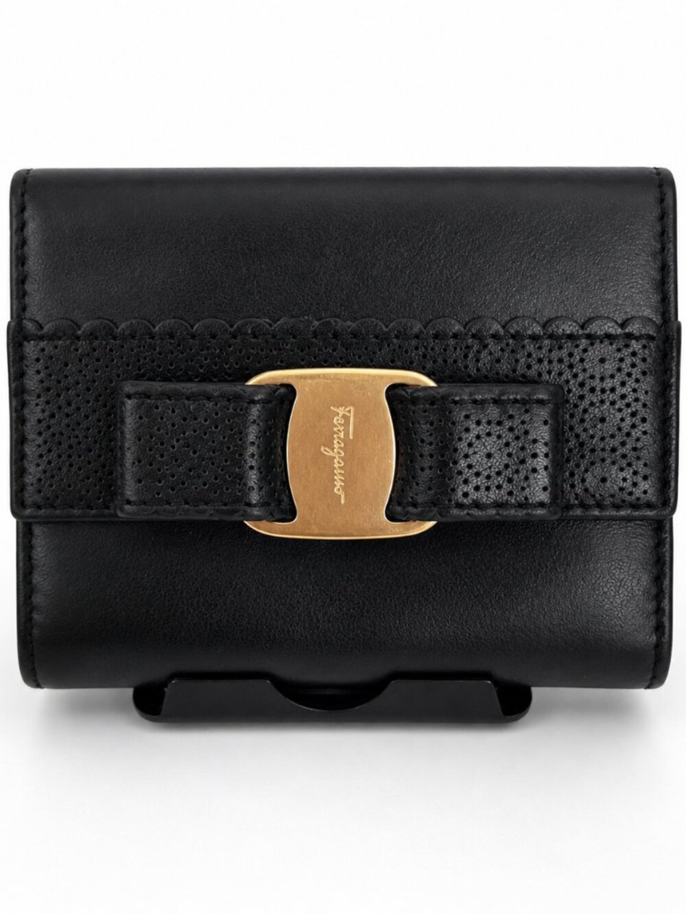 Salvatore Ferragamo Gancini Black Leather Wallet Gold Hardware Authentic